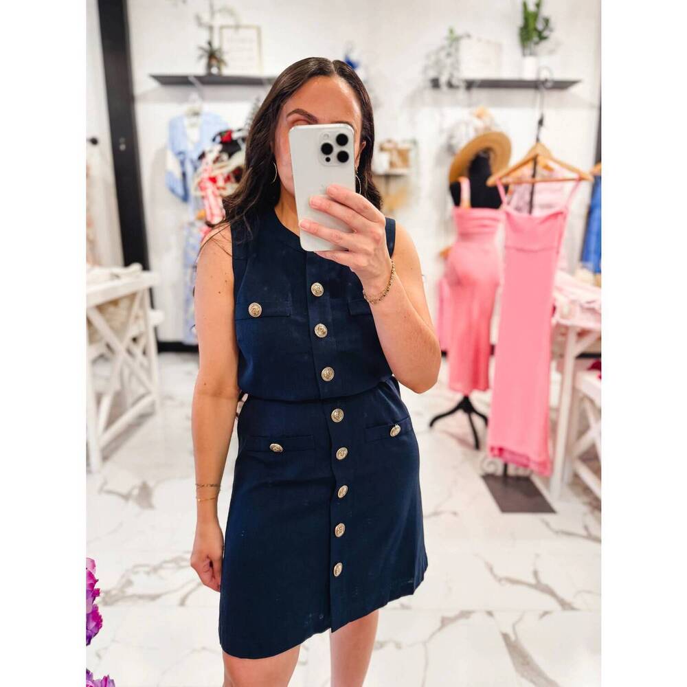 NEW ZOE AND CLAIRE signature style coin button dress in navy